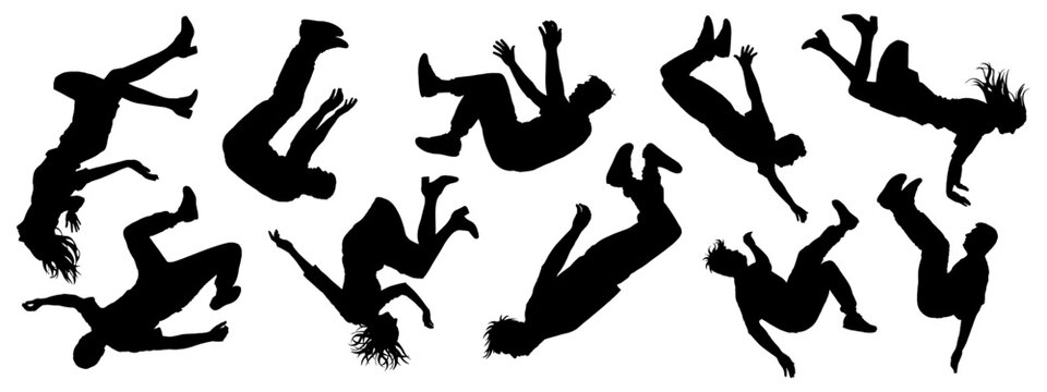 Man falling silhouette set. People in free fall. Vector illustration