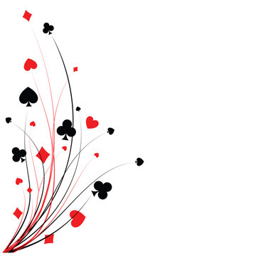 Vibrant vector illustration of abstract floral swirl with playing card suits on white background, perfect for casino and gaming designs.