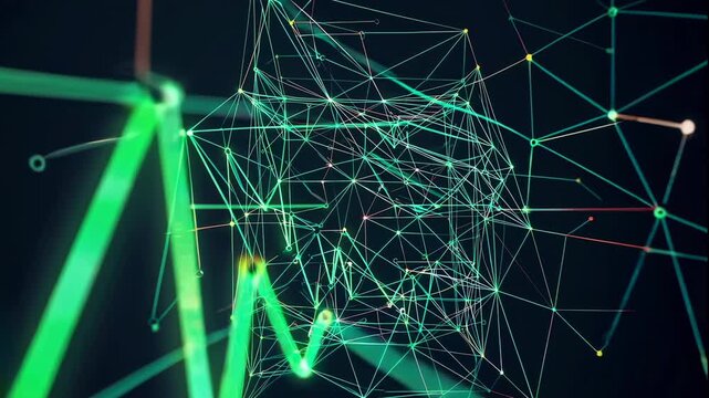A futuristic video visualization of interconnected lines and nodes in a complex network against a dark background