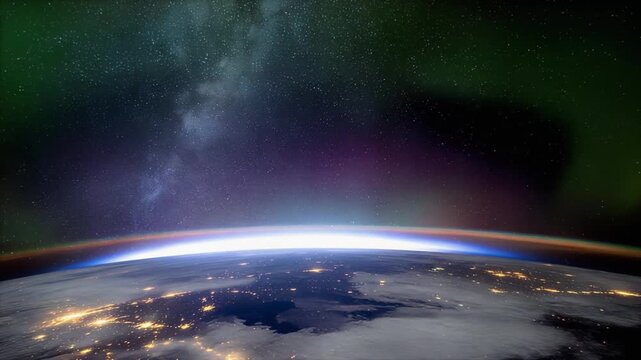 A breathtaking view of Earth from space with city lights and aurora borealis illuminating the horizon.