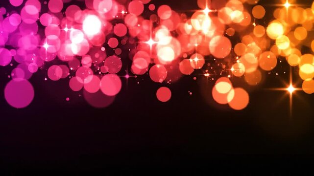 Vibrant bokeh lights background with sparkling starbursts and glowing circles transitioning from pink to orange and yellow creating a festive celebratory mood parties events and holiday promotions