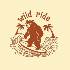 A cool brown bear surfs a big wave on a surfboard with sunglasses on.