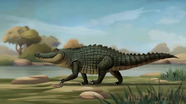 Cartoon crocodile walking animation cycle by riverside habitat
