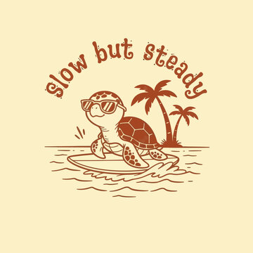 Cute cartoon turtle surfing with sunglasses and palm trees in the background.