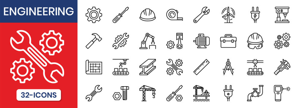 Engineering Tools Technical Work Line Icons