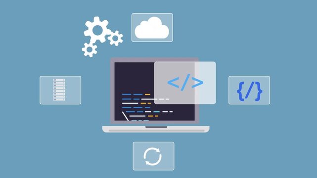 Laptop displaying programming code with technology icons, representing software integration, development workflow, and digital infrastructure environment.
