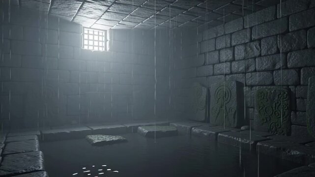 Mysterious ancient stone room with water pool and sunlight