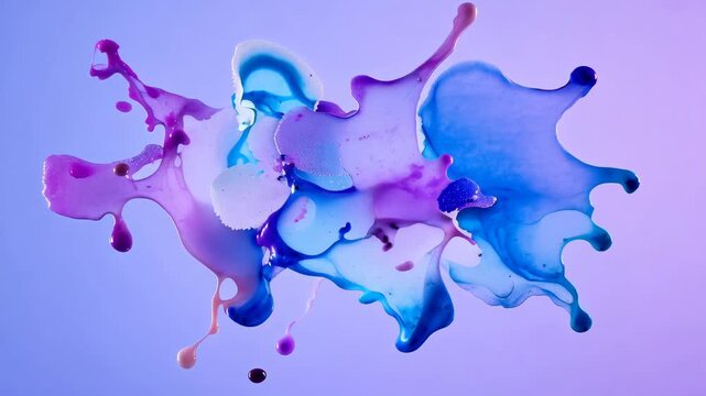 Abstract motion of liquid paint splashes blue purple and white hues