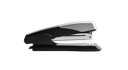 The black and gray stapler sits on a transparent background.