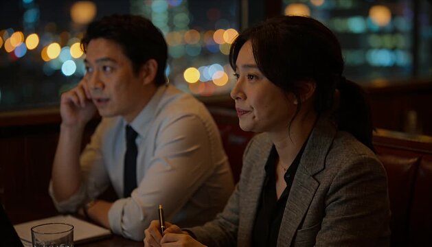 Asian ethnicity office business meeting night city restaurant, serious emotional focus and contemplative teamwork, male female body language and natural proportions professional business office