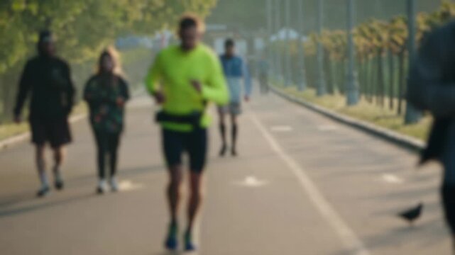 Anonymous people jogging and walking along an asphalt path in a city park on a sunny morning, with a strong out-of-focus effect creating a dreamy and abstract atmosphere for the background