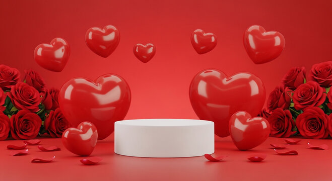 Abstract empty white podium, hearts and rose flowers on red background. Mock up stand for product presentation. 3D Render. St valentines day promotion concept. 
