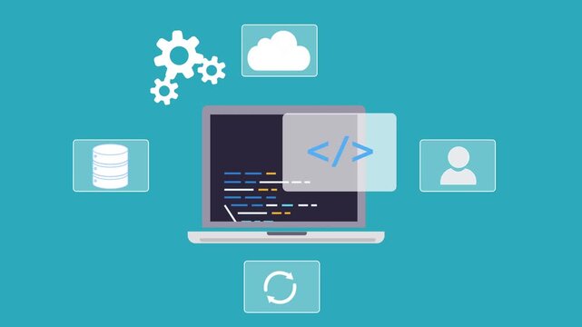 Laptop displaying programming code with cloud, database, and user icons, representing cloud collaboration, software development workflow, and digital infrastructure.
