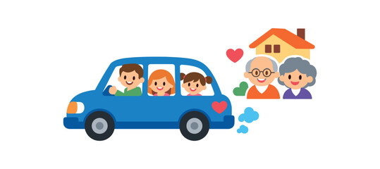 Fototapeta premium family with smiling faces and small heart on back driving to visit relatives clean shapes. colored flat icon vector illustration