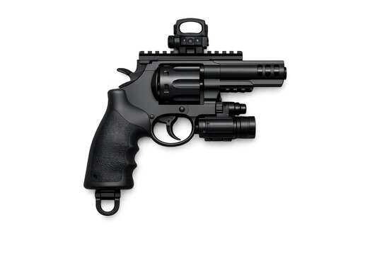 Tactical revolver with red dot sight and tactical flashlight mounted on black background
