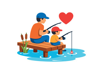 Fototapeta premium father and child fishing together from small pier calm water and heart icon peaceful time with dad clean shapes. colored flat icon vector illustration