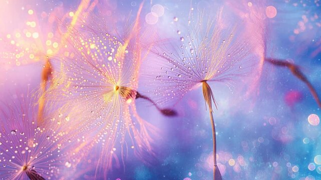 Delicate dandelion fluff floating gently in dreamy twilight, ethereal seed dispersal, whimsical nature scene, soft bokeh background, botanical.