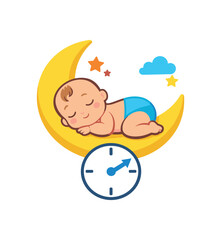 Obraz premium newborn baby sleeping on crescent moon birth time symbol clean shapes. colored flat icon vector illustration
