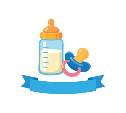 baby bottle and pacifier with ribbon tag birth announcement set icon clean shapes. colored flat icon vector illustration