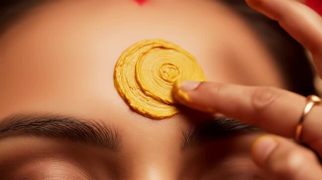 Close up extreme detail of a woman applying traditional turmeric paste to her forehead for a cultural ritual or beauty treatment soft warm lighting highlights skin texture and golden paste
