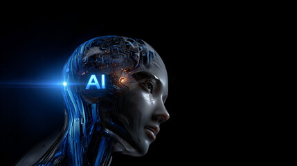 Obraz premium futuristic ai human head with glowing circuitry, artificial intelligence brain with blue digital light, human mind and ai technology concept illustration