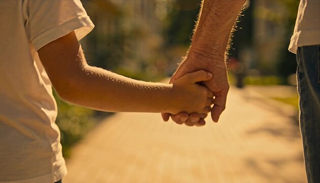 Child hand adult hand generational bond family love support trust warm light summer day outdoor walkway gentle touch emotional family connection human body visible skin tone proportions
