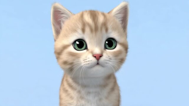 Adorable kitten close up with big green eyes on light blue background pet animal cg render looking upwards
