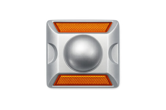 Silver road stud with orange reflective markers for traffic safety and visibility