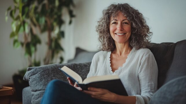Happy relaxed 55 years old woman sitting on sofa at home reading book. Smiling middle aged lady posing in living room at home. Mature older female with curly hair relaxing on couch enjoying chill
