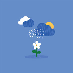 Rain cloud watering flower, simple flat illustration, nature cycle concept, growth, care and calm learning theme