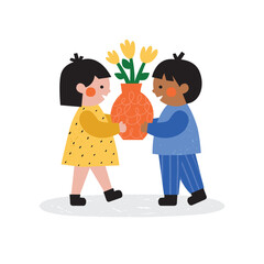 Two kids sharing flower pot, simple flat illustration for kids, friendship, cooperation and nature care concept