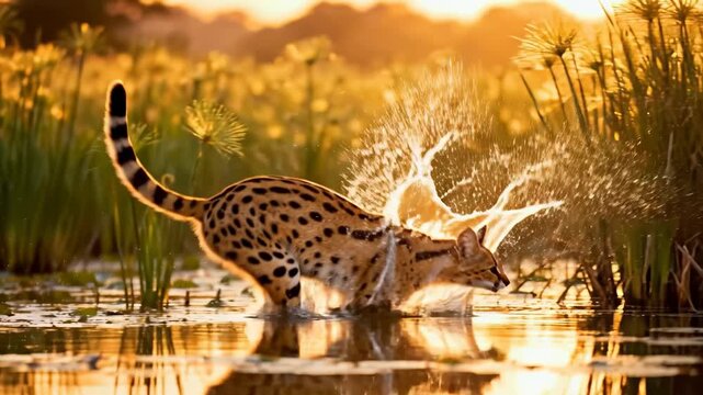 Serval cat jumping over water in a swamp during golden hour sunset