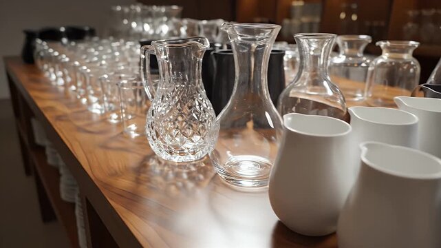 Row of white and dark grey pitchers and clear glass carafes on a table