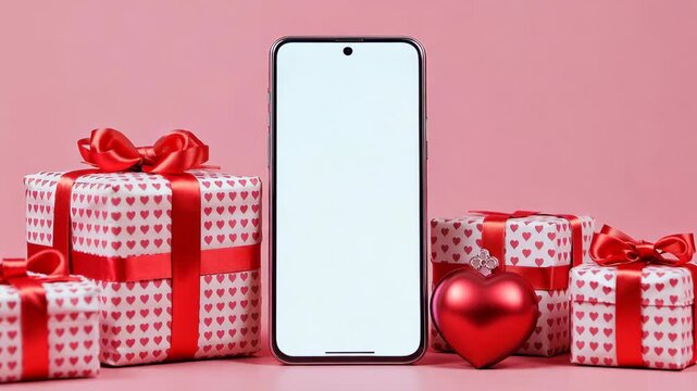 Valentines day smartphone mockup with gifts and heart decor on pink backdrop