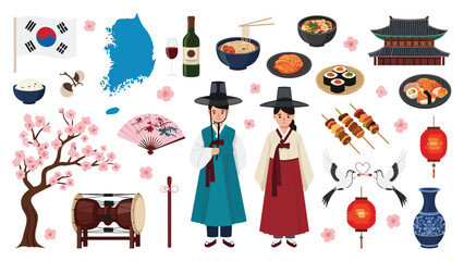 Comprehensive collection of south korean culture icons featuring traditional hanbok dress food landmarks map and national flag.