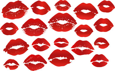 Fototapeta premium Valentine’s Day Red Lips Kiss Marks Set. Romantic Love Lipstick Print Collection Isolated on White.