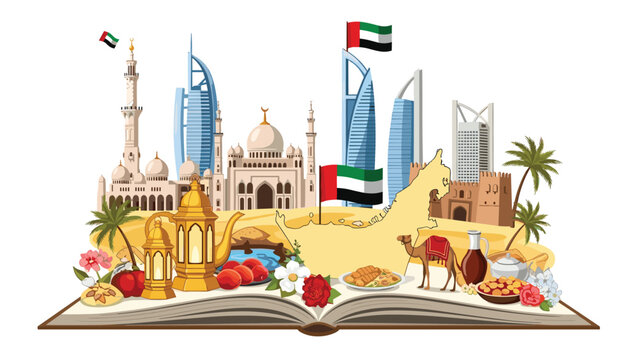 Vibrant pop up book illustration showcasing famous landmarks of united arab emirates with traditional culture and desert scenery.