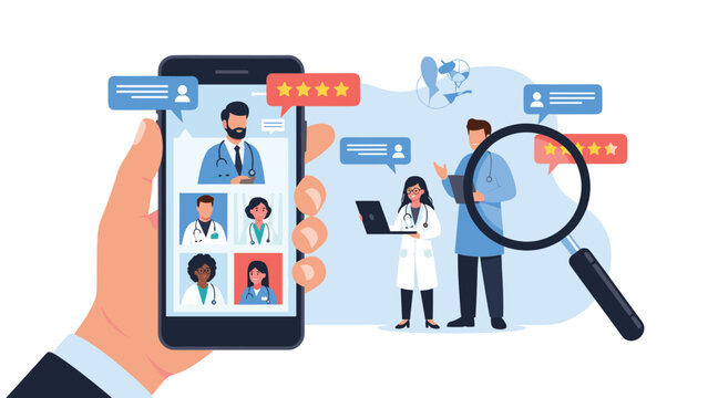 Hand holding a smartphone displaying an online medical consultation application with doctor profiles ratings and chat options.