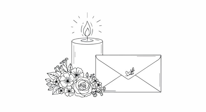 Line drawing of a candle, flowers, and an envelope with a heart on it against a white background.