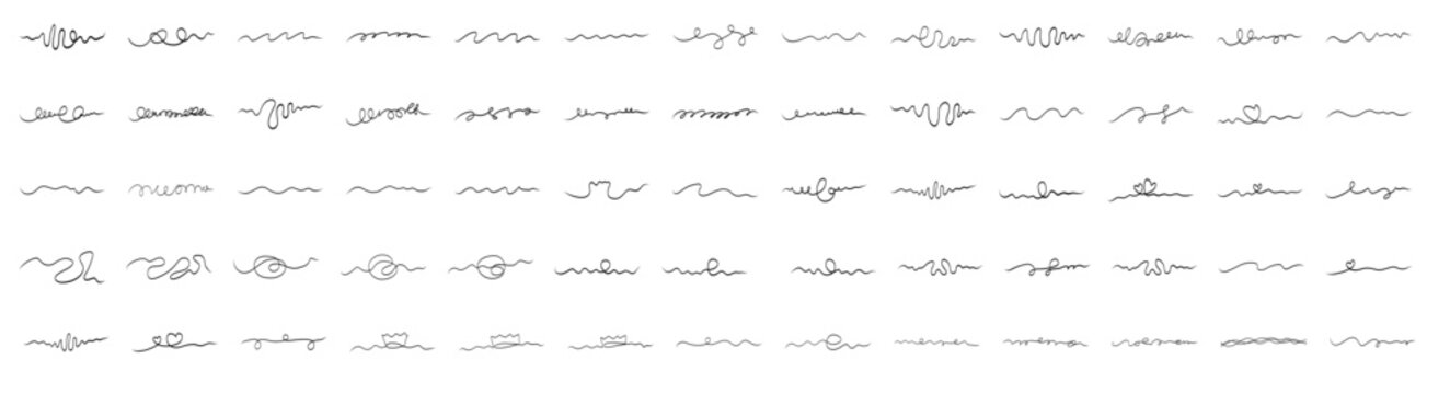 Huge set of hand drawn squiggle cable lines varied styles. Continuous black wavy strokes form loose tangles, tight springs, flowing curves playful loops unlimited dividers, underlines borders abstract