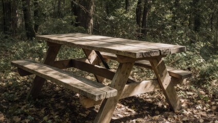 Naklejka premium Rustic Picnic Table in Autumn Forest Setting.