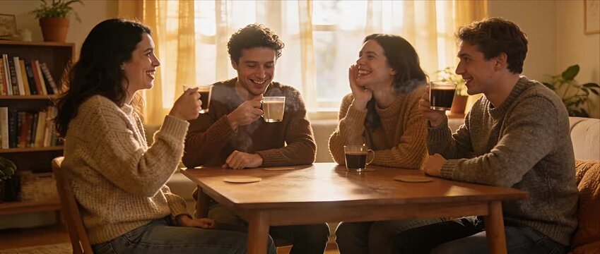 Warm autumn light friends coffee living room scene with cozy home interior, warm sweaters, relaxed diverse group conversation, joyful smiles, natural body language and emotional connection