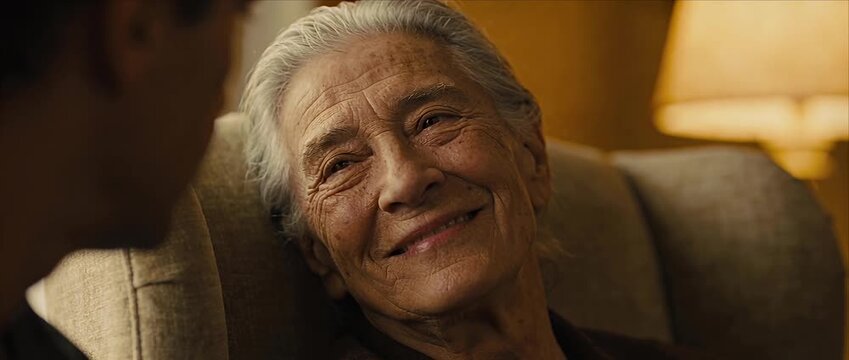 Senior woman face close up warm smile gentle emotional expression natural body proportions tender moment cozy home interior candid portrait emotional connection relaxed pose aging wrinkles detail