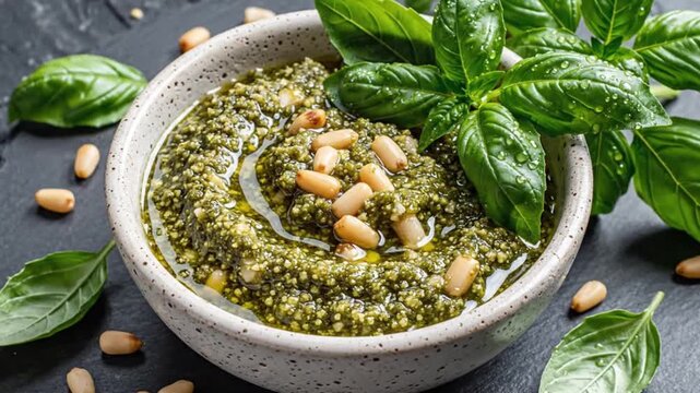 Pesto in a speckled bowl topped with pine nuts  basil set on dark surface with scattered nuts  leaves