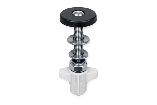 Close-up of a threaded bolt with washers and a white plastic wingnut against a black background