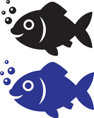 Obraz premium Happy Smiling Fish Icons with Bubbles - Black and Blue Cute Aquatic Animals Vector Illustration