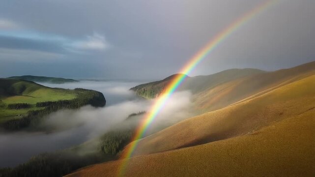 Rainbow Over Rolling Hills Landscape.