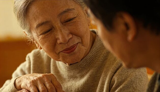 Asian senior woman elderly grandmother adult female grandparent warm smile emotional family conversation caregiving support natural proportions gentle body touch closeup indoor scene exploring Asian