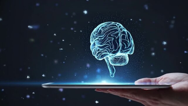 A glowing holographic representation of the human brain materializes above a held digital tablet, symbolizing advanced artificial intelligence and digital neuroscience in dark technological settings.