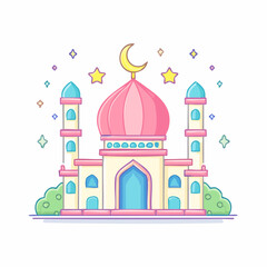 Fototapeta premium cute pastel flat illustration of a mosque during Ramadan, crescent moon and stars, soft pastel colors, thick rounded outline, minimal detail, kawaii style, clean white background
